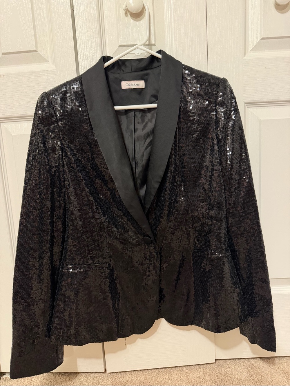 Calvin Klein Black Sequin Blazer with Satin Lapel